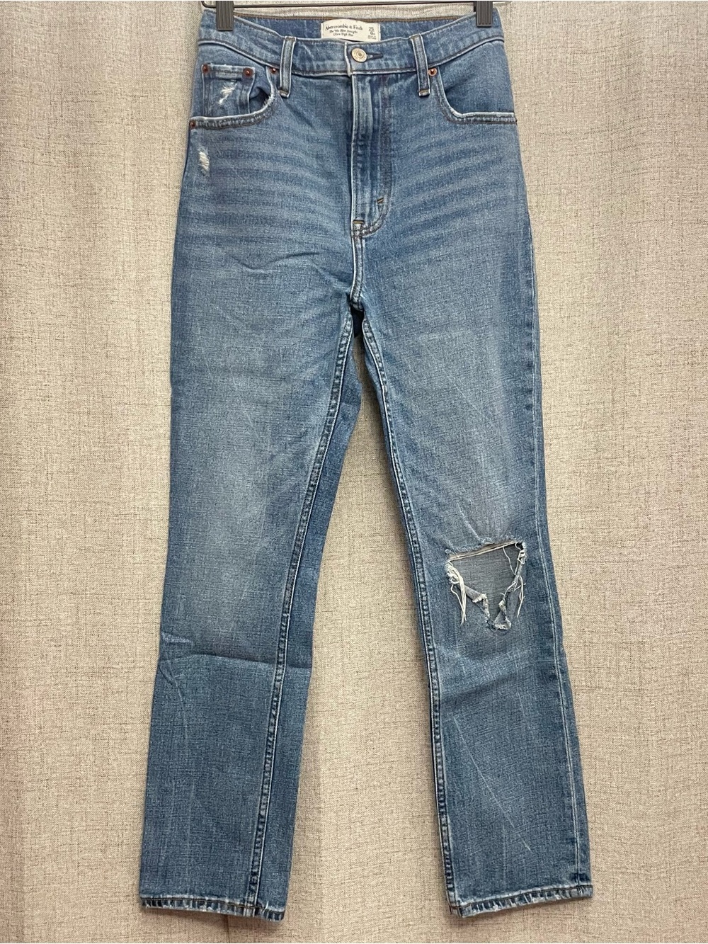 Abercrombie & Fitch Medium Blue Straight Leg Jeans with Knee Rip